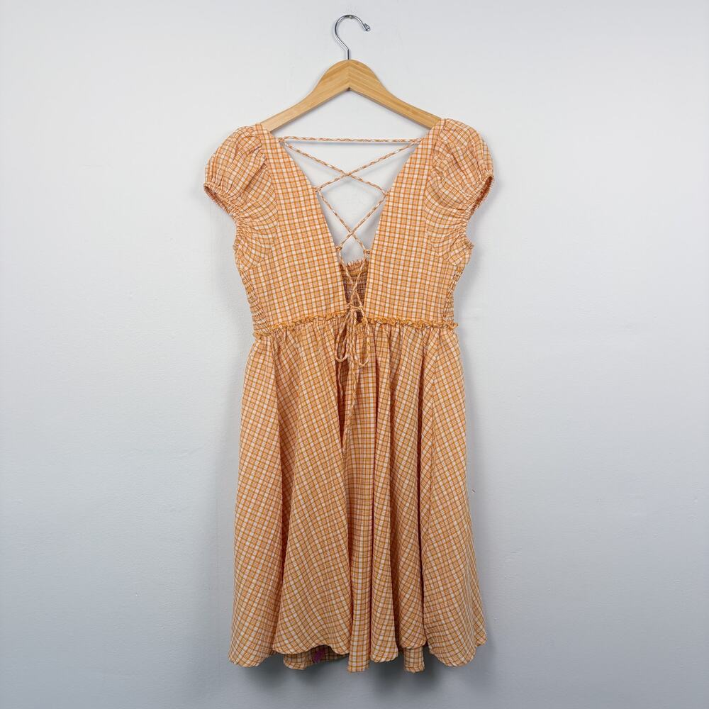 Free People Daphne Novelty Smocked Gingham Mini Dress Orange S - Picture 5 of 5